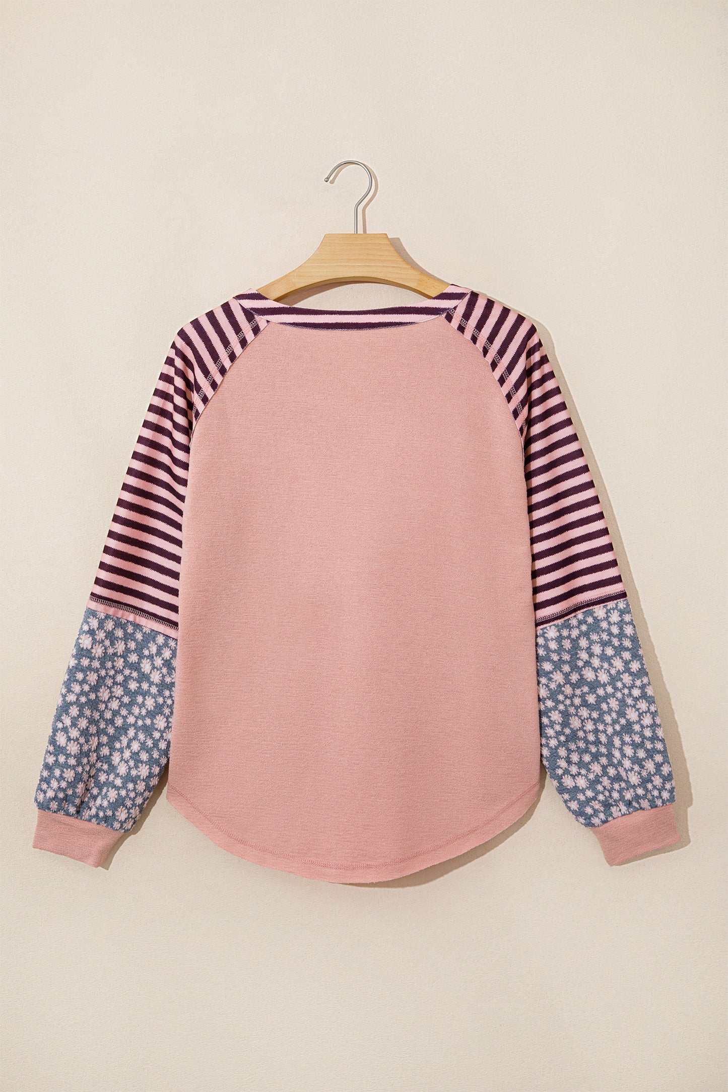 Light Pink V Neck Colorblock Patchwork Striped Floral Long Sleeve Casual Top