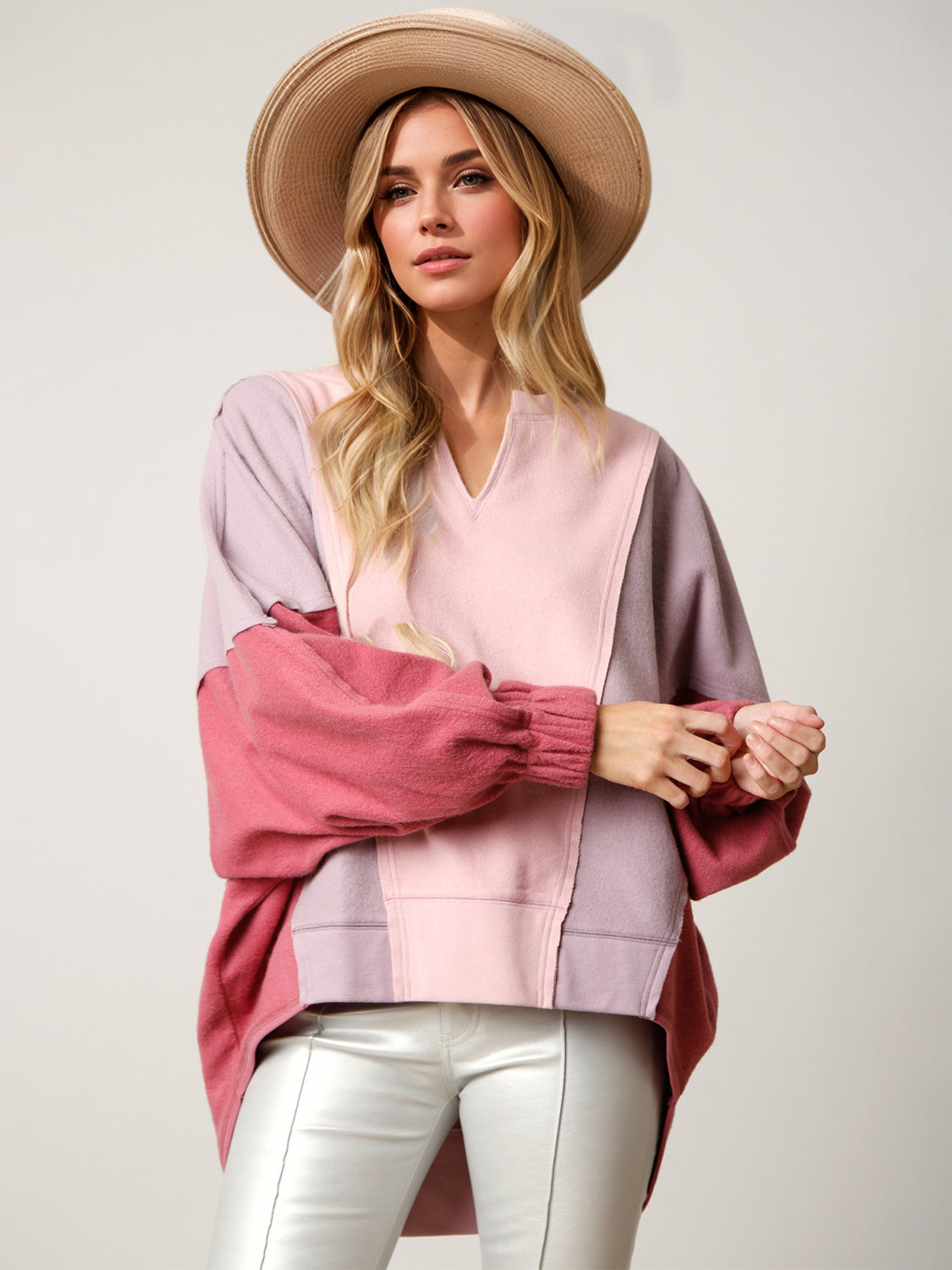 High-Low Contrast Notched Long Sleeve Sweatshirt-TOPS / DRESSES-[Adult]-[Female]-Blush Pink-S-2022 Online Blue Zone Planet