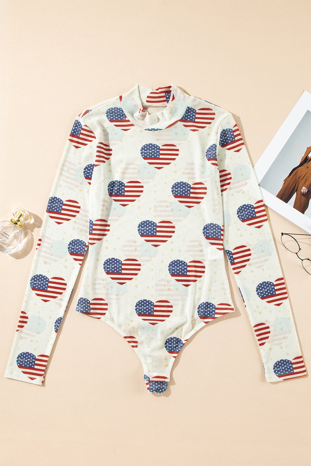 White Americana Glitter Mesh Long Sleeve Bodysuit-Tops/Bodysuits-[Adult]-[Female]-2022 Online Blue Zone Planet