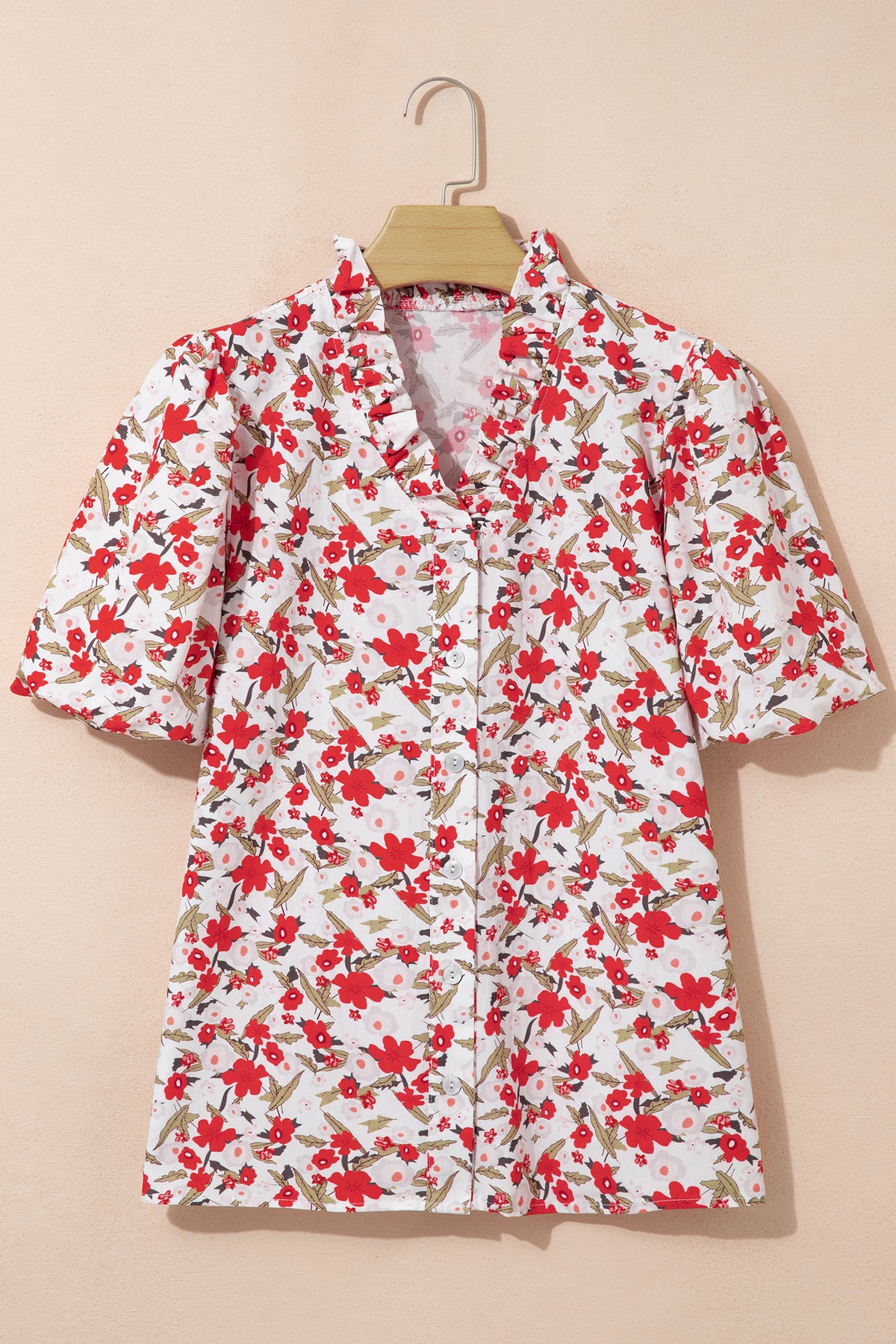Red Floral Print Short Puff Sleeve Button Front Shirt-Tops/Blouses & Shirts-[Adult]-[Female]-2022 Online Blue Zone Planet