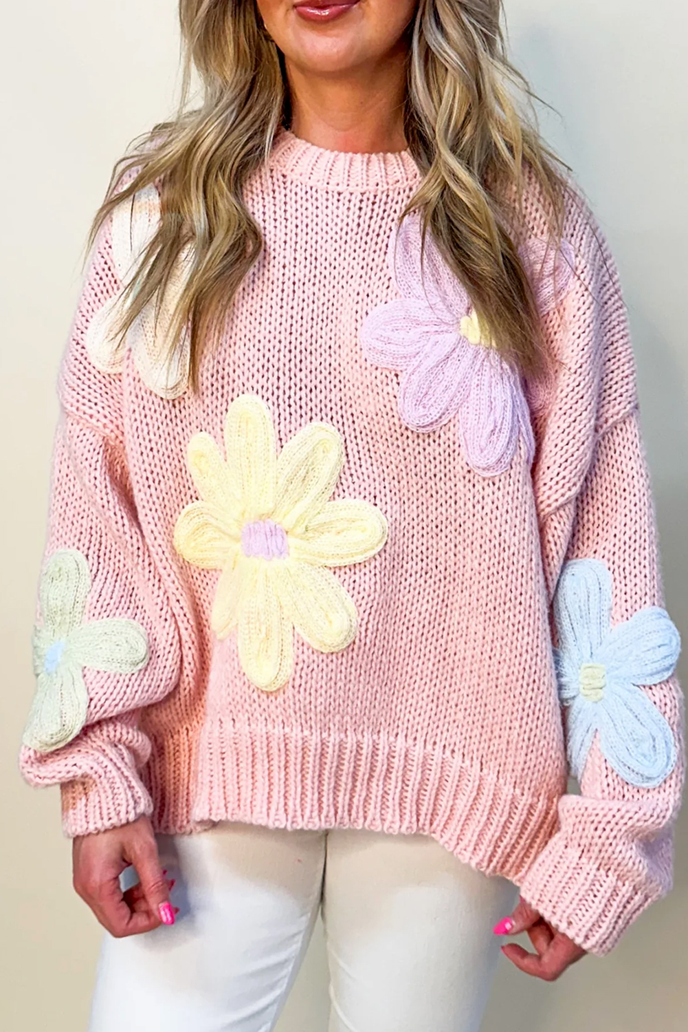 Pink Petals & Threads Embroidered Floral Sweater-Sweaters & Cardigans/Sweaters-[Adult]-[Female]-2022 Online Blue Zone Planet