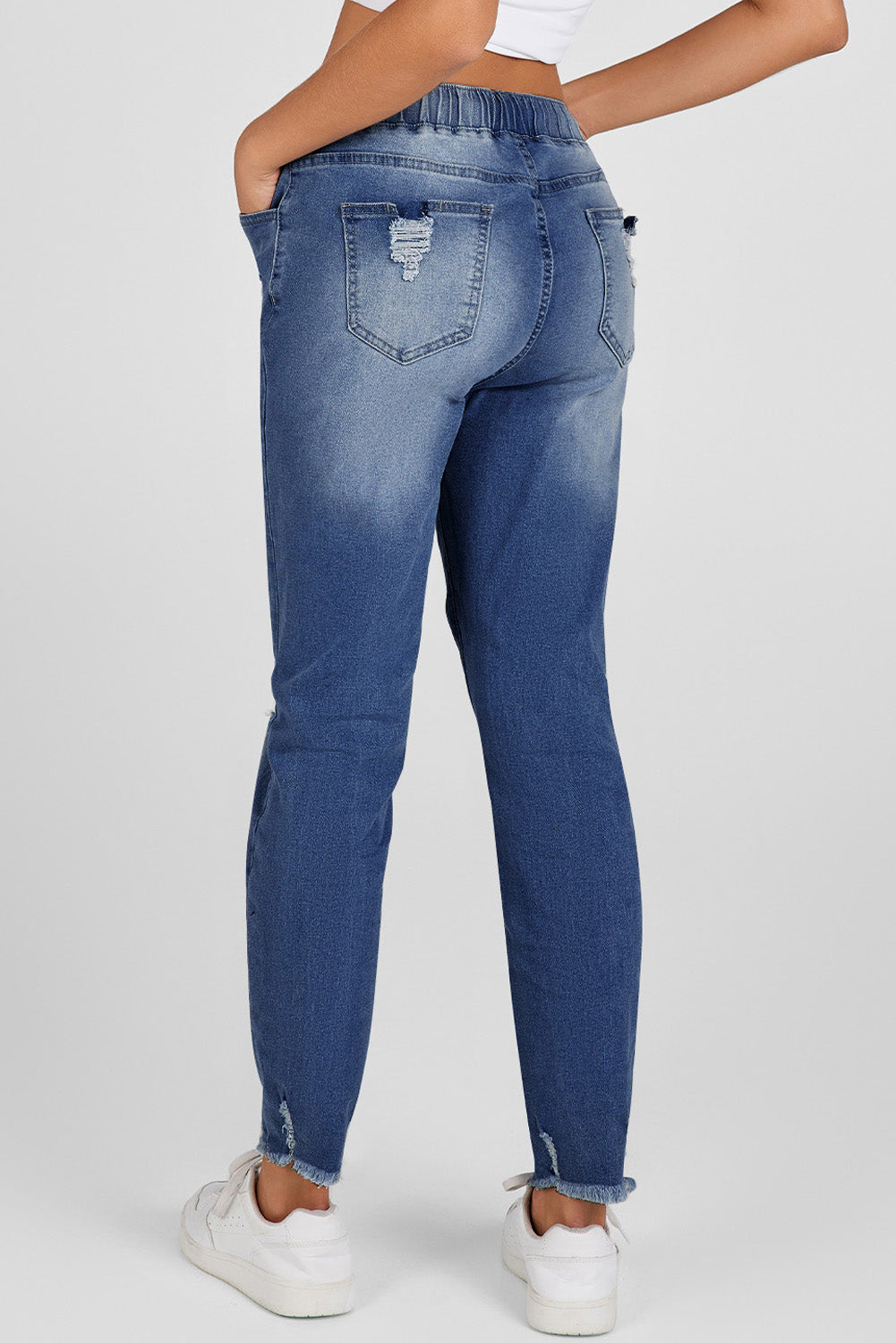 Dark Blue Elastic Waist Straight Leg Destroyed Raw Hem Jeans-Bottoms/Jeans-[Adult]-[Female]-2022 Online Blue Zone Planet