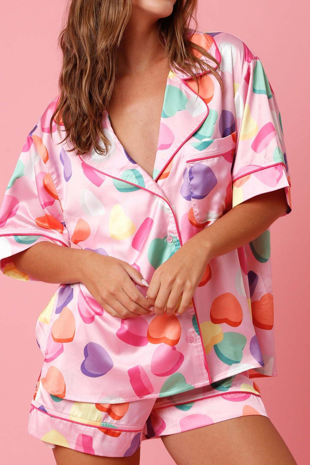 Pink Full Heart Pattern Shirt and Shorts Satin Pajama Set-Loungewear Set-[Adult]-[Female]-Pink-S-2022 Online Blue Zone Planet