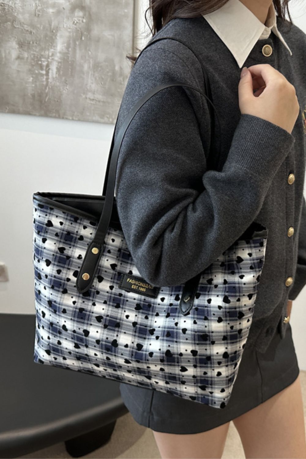 Heart Plaid PU Leather Strap Tote Bag-HANDBAGS-[Adult]-[Female]-2022 Online Blue Zone Planet