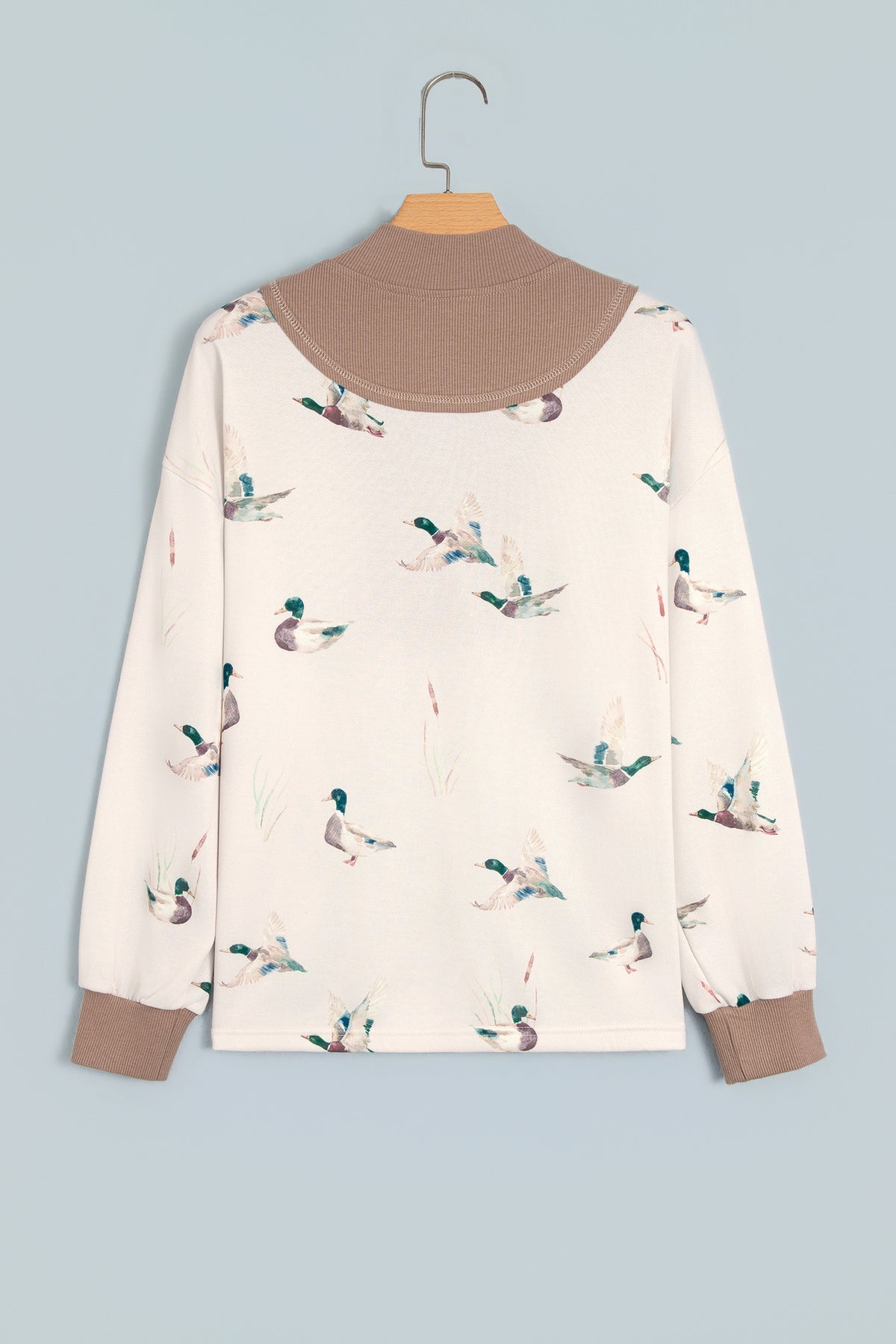 Beige Wild Mallard Print Color Block Patchwork Zip Neck Tunic Top-Tops/Long Sleeve Tops-[Adult]-[Female]-2022 Online Blue Zone Planet