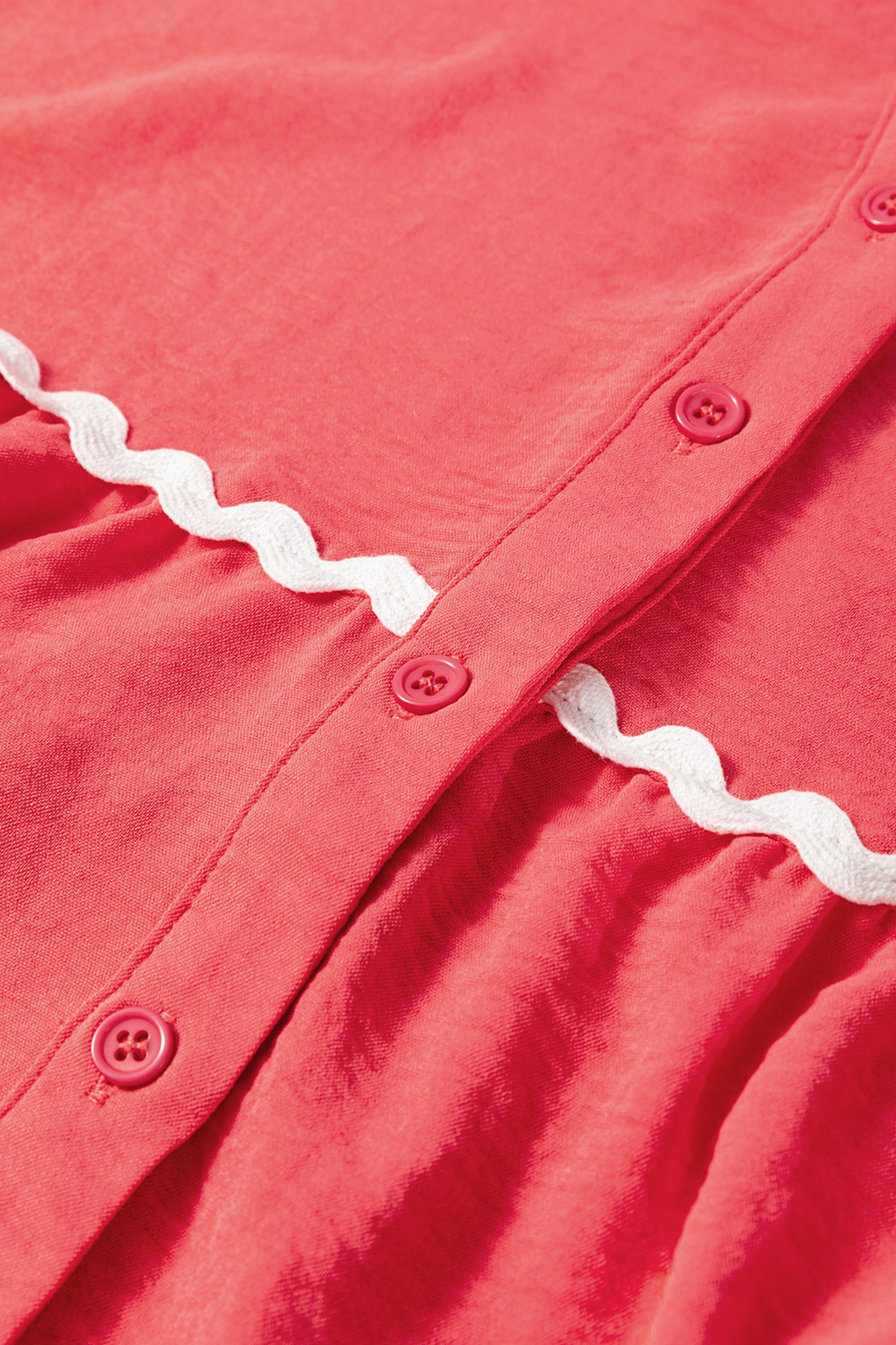 Coral Contrast Ricrac Trim V Neck Button Down Long Sleeve Shirt-Tops/Blouses & Shirts-[Adult]-[Female]-2022 Online Blue Zone Planet