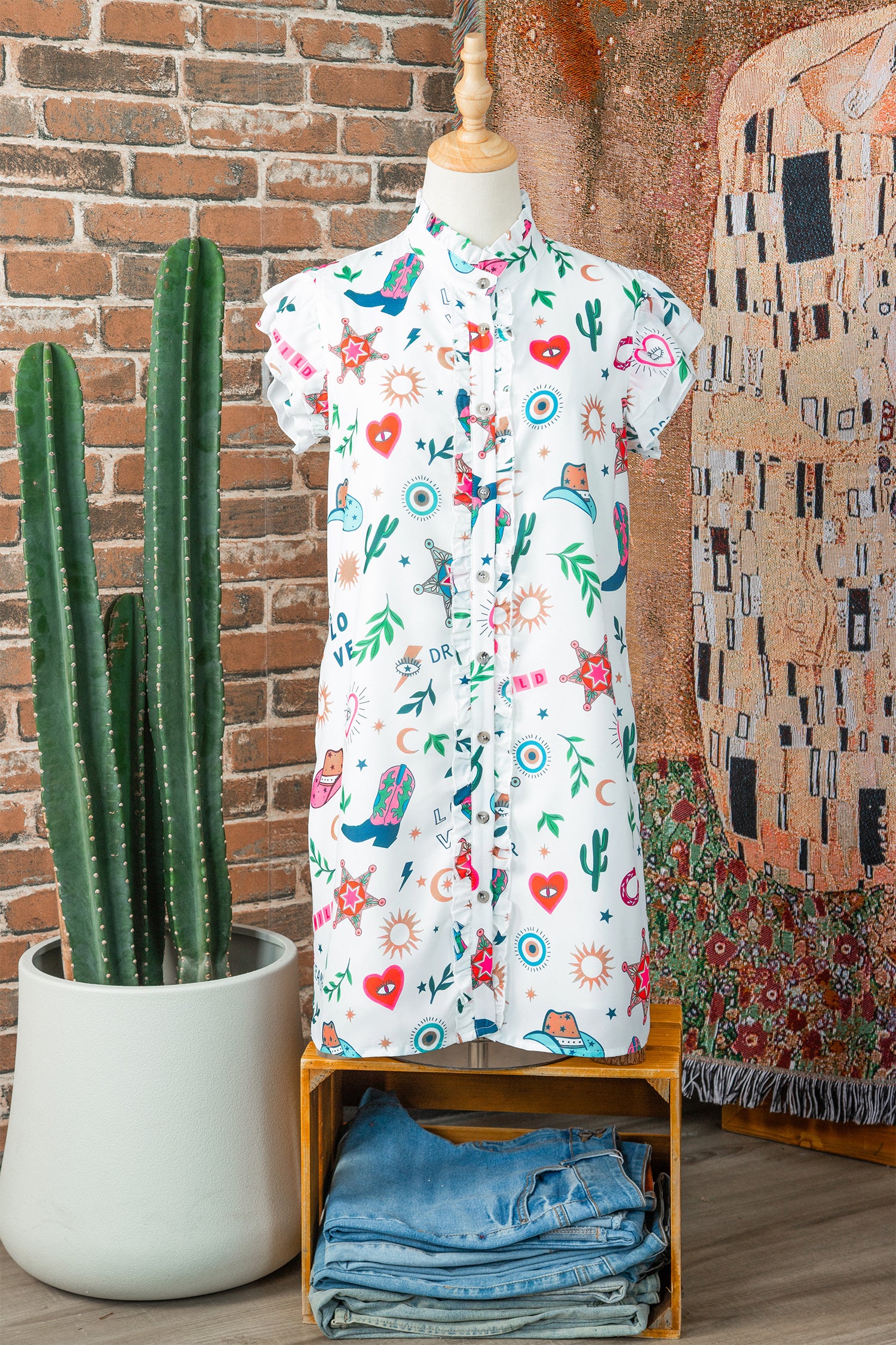 White Western Print Flutter Sleeve Button Down Mini Dress-TOPS / DRESSES-[Adult]-[Female]-2022 Online Blue Zone Planet