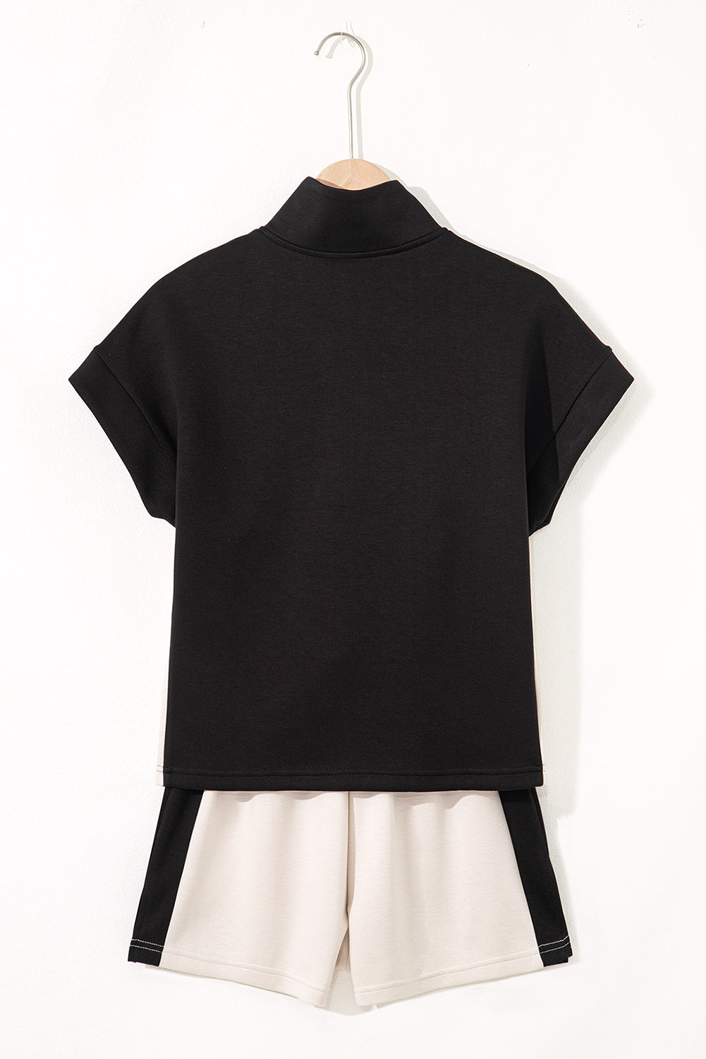 Black Contrast Zipped Stand Collared T Shirt and Short Set-Two Piece Sets/Short Sets-[Adult]-[Female]-2022 Online Blue Zone Planet