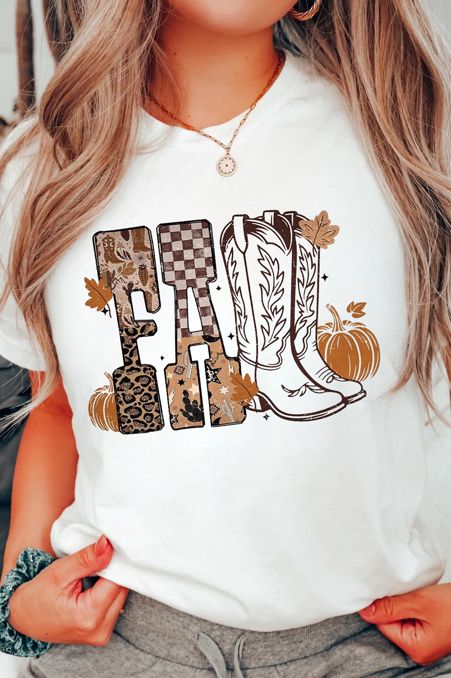 White FALL Letter Print Western Thanksgiving Graphic T-Shirt-Graphic/Graphic Tees-[Adult]-[Female]-2022 Online Blue Zone Planet