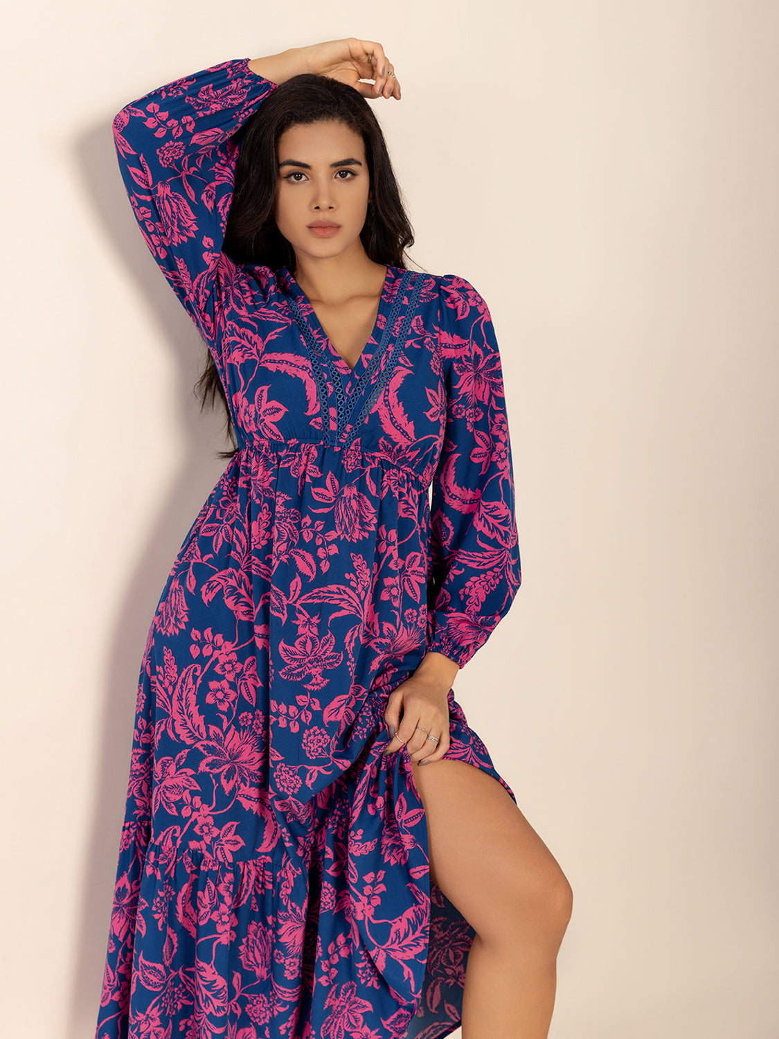 Blue Zone Planet | Printed V-Neck Long Sleeve Midi Dress-TOPS / DRESSES-[Adult]-[Female]-2022 Online Blue Zone Planet