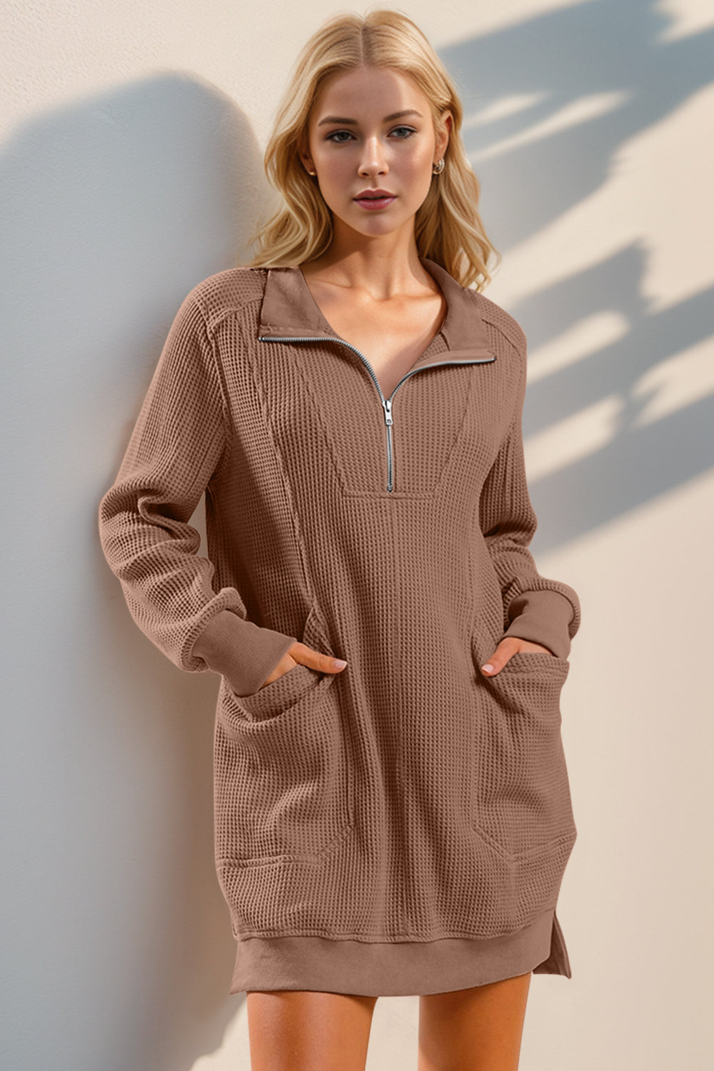 Double Take Waffle Long Sleeve Mini Dress with Pockets-TOPS / DRESSES-[Adult]-[Female]-Taupe-S-2022 Online Blue Zone Planet