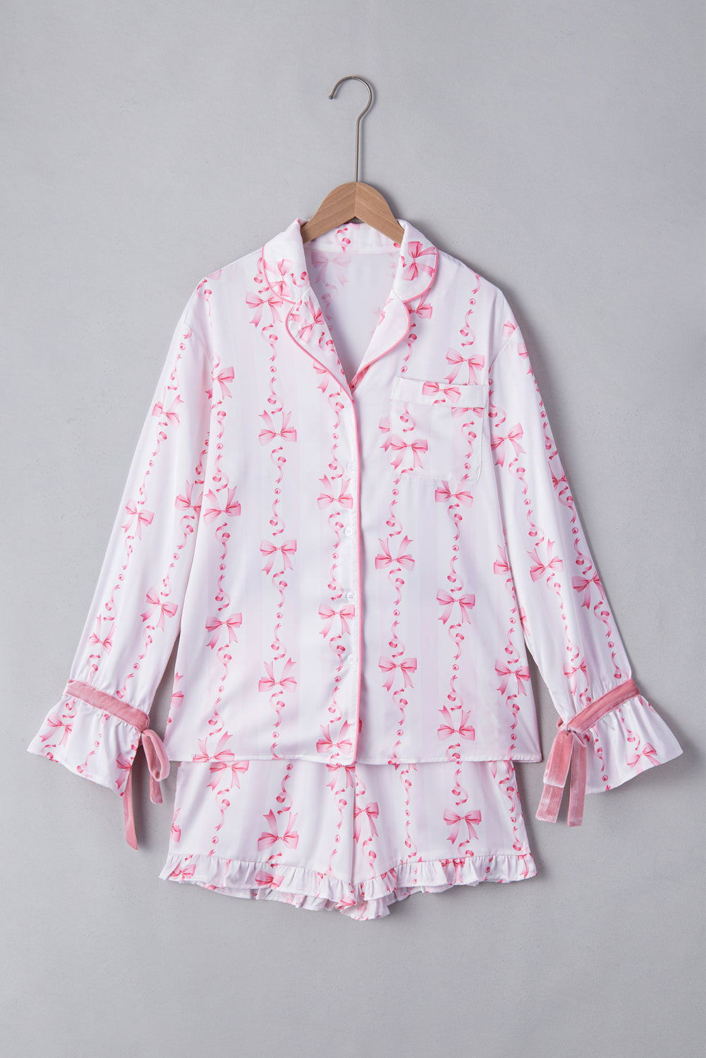 Blue Zone Planet | Pink Satin Bow Bell Sleeve Shirt and Ruffled Shorts Pajama Set-Loungewear & Sleepwear/Sleepwear-[Adult]-[Female]-2022 Online Blue Zone Planet