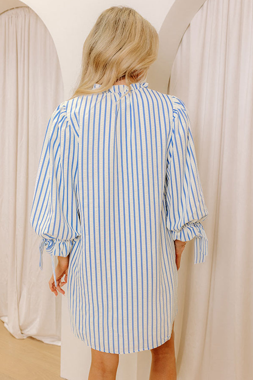 Sky Blue Stripe Knotted Bracelet Sleeve Notched Neck Shift Mini Dress-TOPS / DRESSES-[Adult]-[Female]-2022 Online Blue Zone Planet