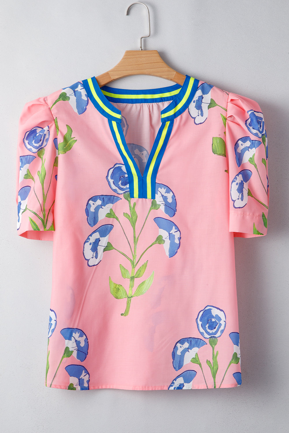 Pink Floral Print Striped Notched V Neck Bubble Sleeve Blouse-Tops/Blouses & Shirts-[Adult]-[Female]-2022 Online Blue Zone Planet