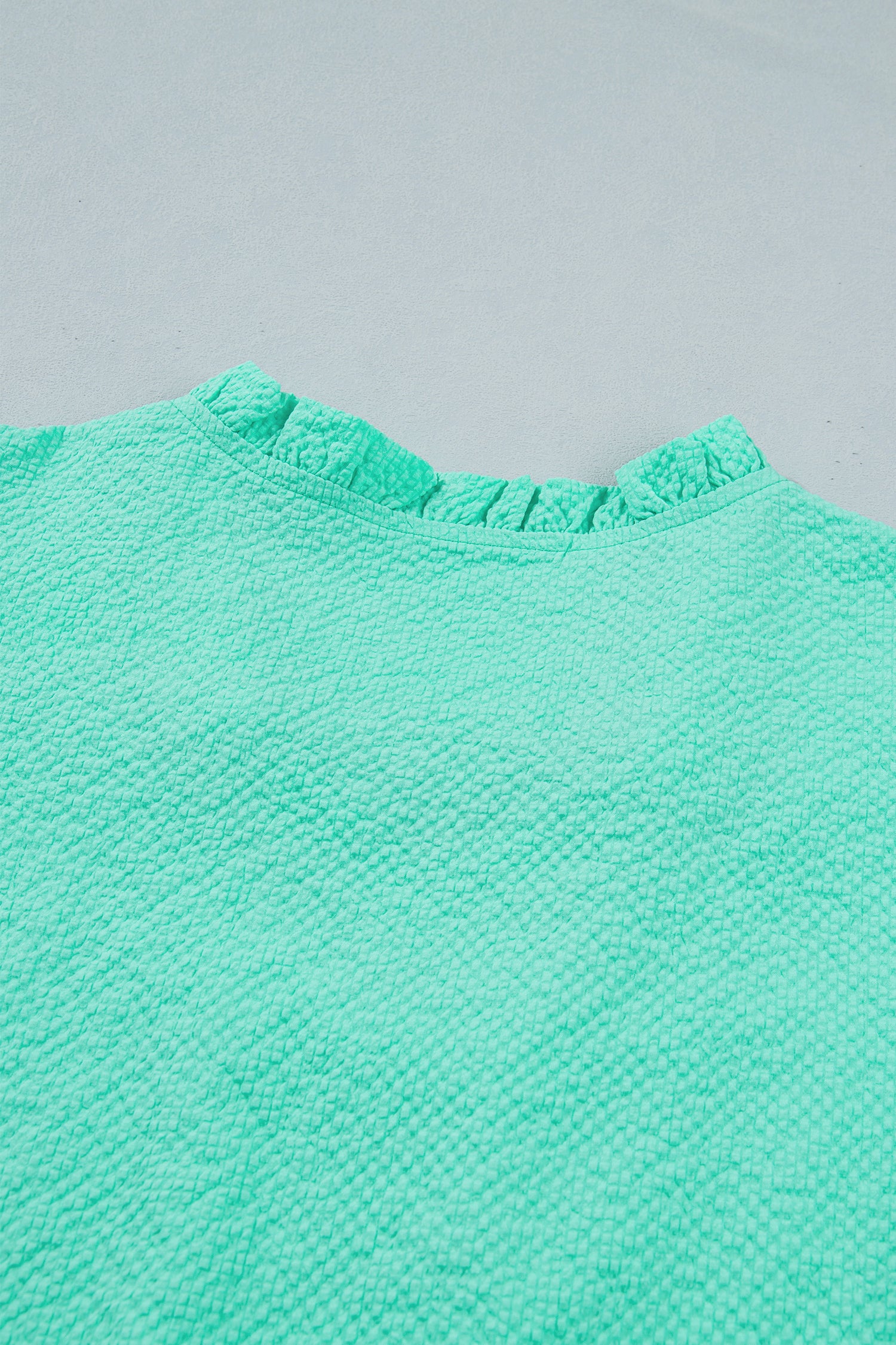 Mint Green Frilled V Neck Flower Embroidered Puff Sleeve Textured Blouse-Tops/Blouses & Shirts-[Adult]-[Female]-2022 Online Blue Zone Planet