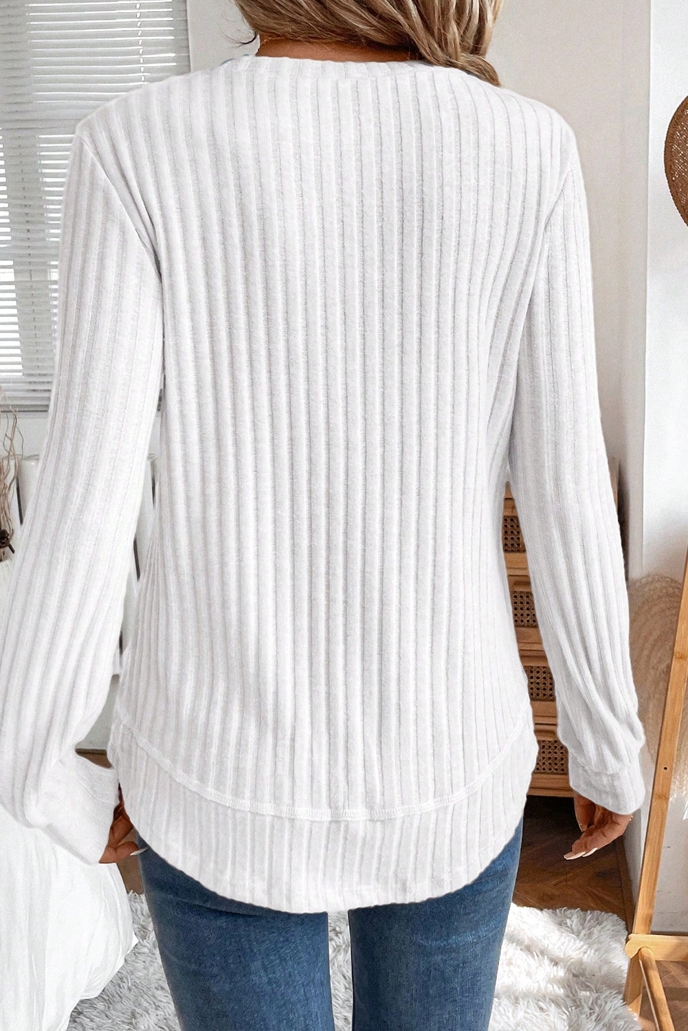 White Ribbed Texture Round Neck Long Sleeve Rounded Hem Knit Top-Tops/Long Sleeve Tops-[Adult]-[Female]-2022 Online Blue Zone Planet