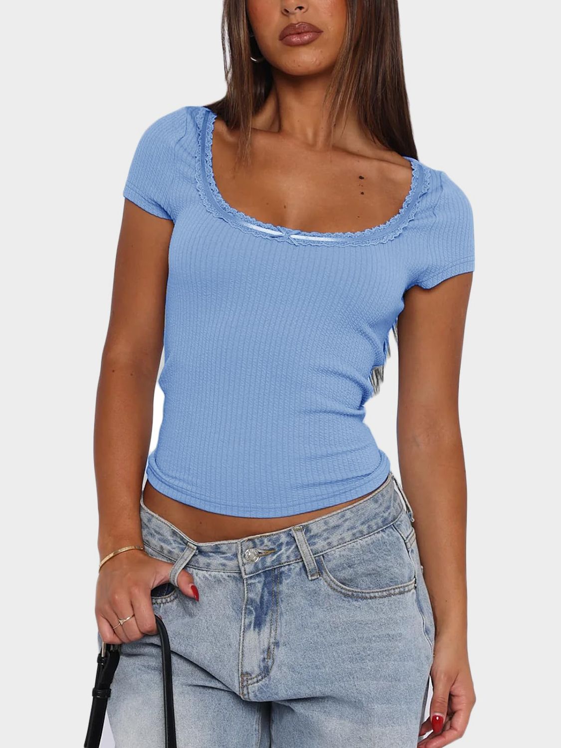 Lace Detail Scoop Neck Short Sleeve T-Shirt-TOPS / DRESSES-[Adult]-[Female]-Light Blue-S-2022 Online Blue Zone Planet