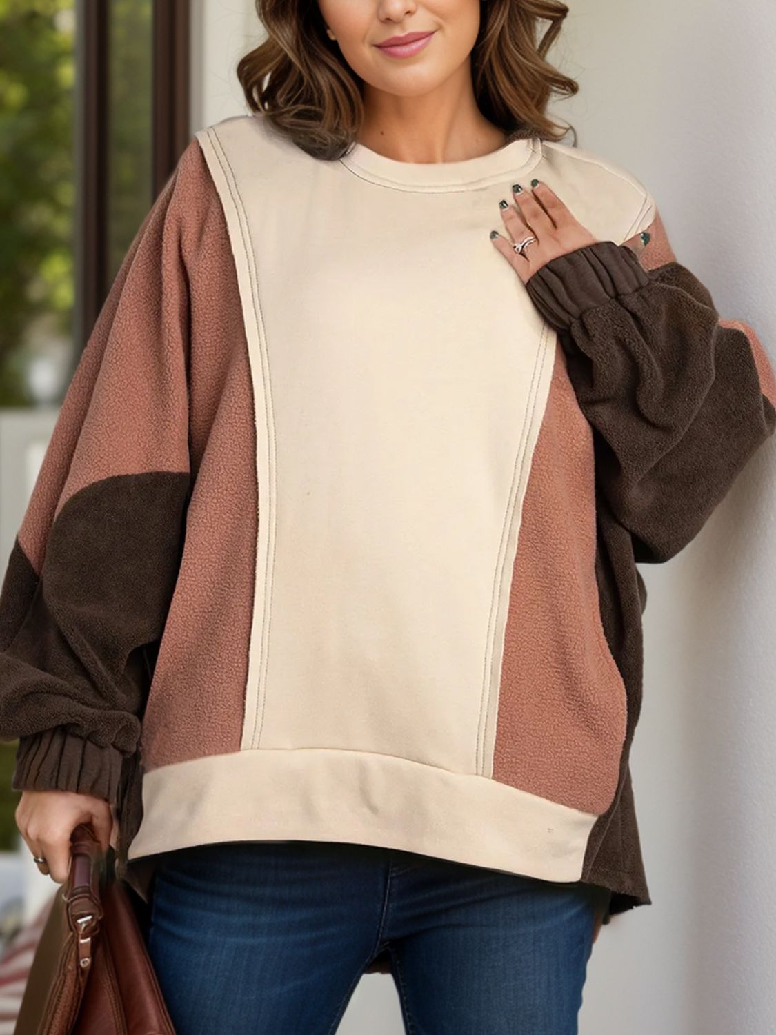 Plus Size Color Block Long Sleeve Hoodie-TOPS / DRESSES-[Adult]-[Female]-Tan-1XL-2022 Online Blue Zone Planet