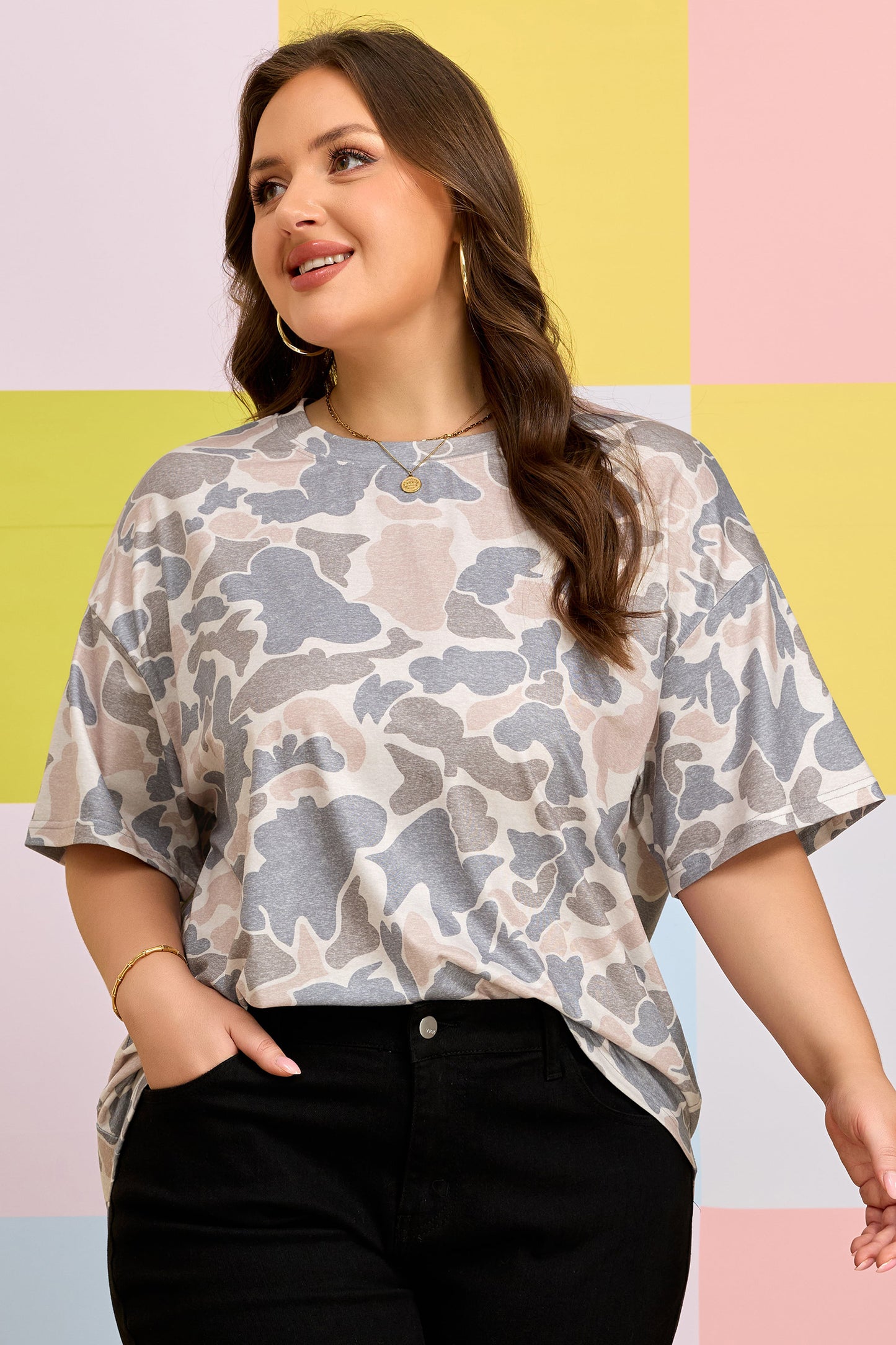 Multicolour Retro Camouflage Print Plus Size T Shirt-Plus Size/Plus Size Tops/Plus Size Tops & Tees-[Adult]-[Female]-2022 Online Blue Zone Planet
