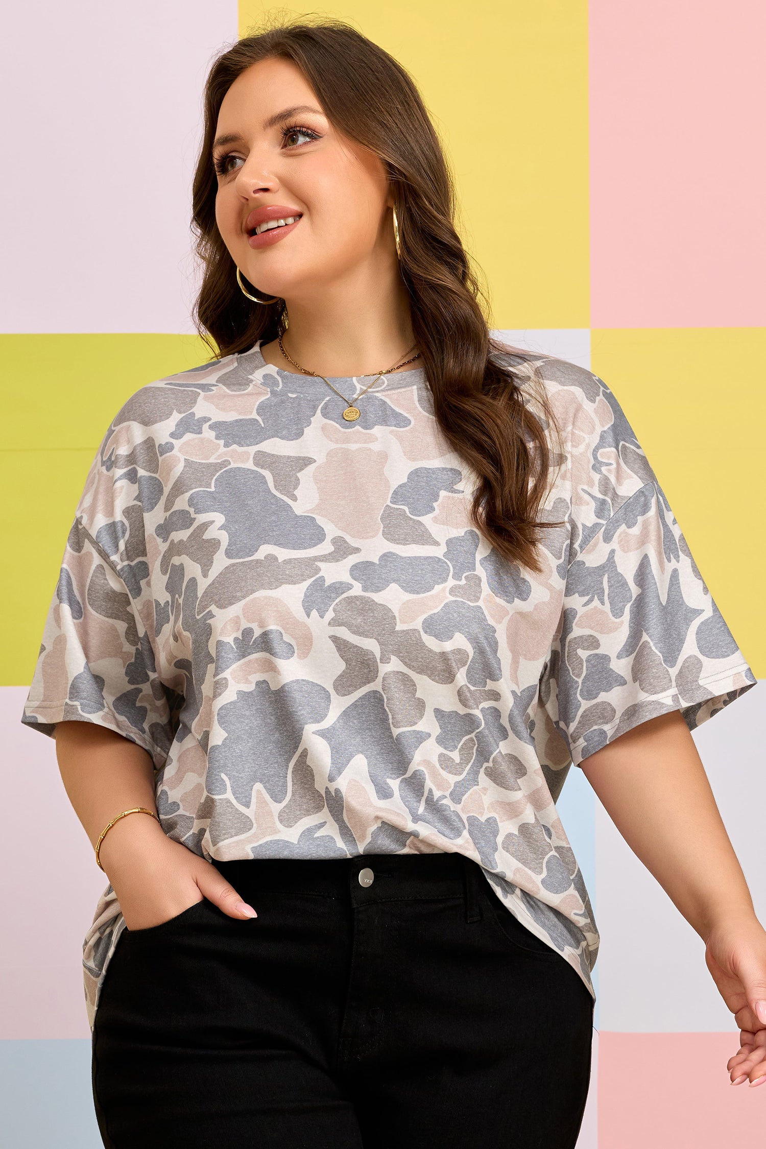 Multicolour Retro Camouflage Print Plus Size T Shirt-Plus Size/Plus Size Tops/Plus Size Tops & Tees-[Adult]-[Female]-2022 Online Blue Zone Planet