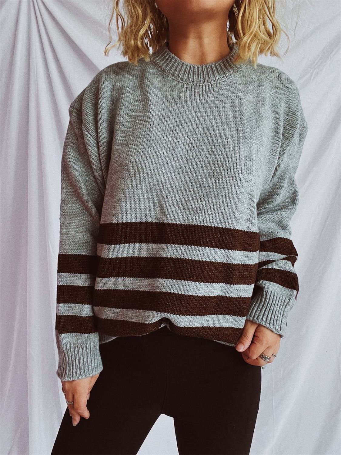 Striped Dropped Shoulder Long Sleeve Sweater-TOPS / DRESSES-[Adult]-[Female]-2022 Online Blue Zone Planet