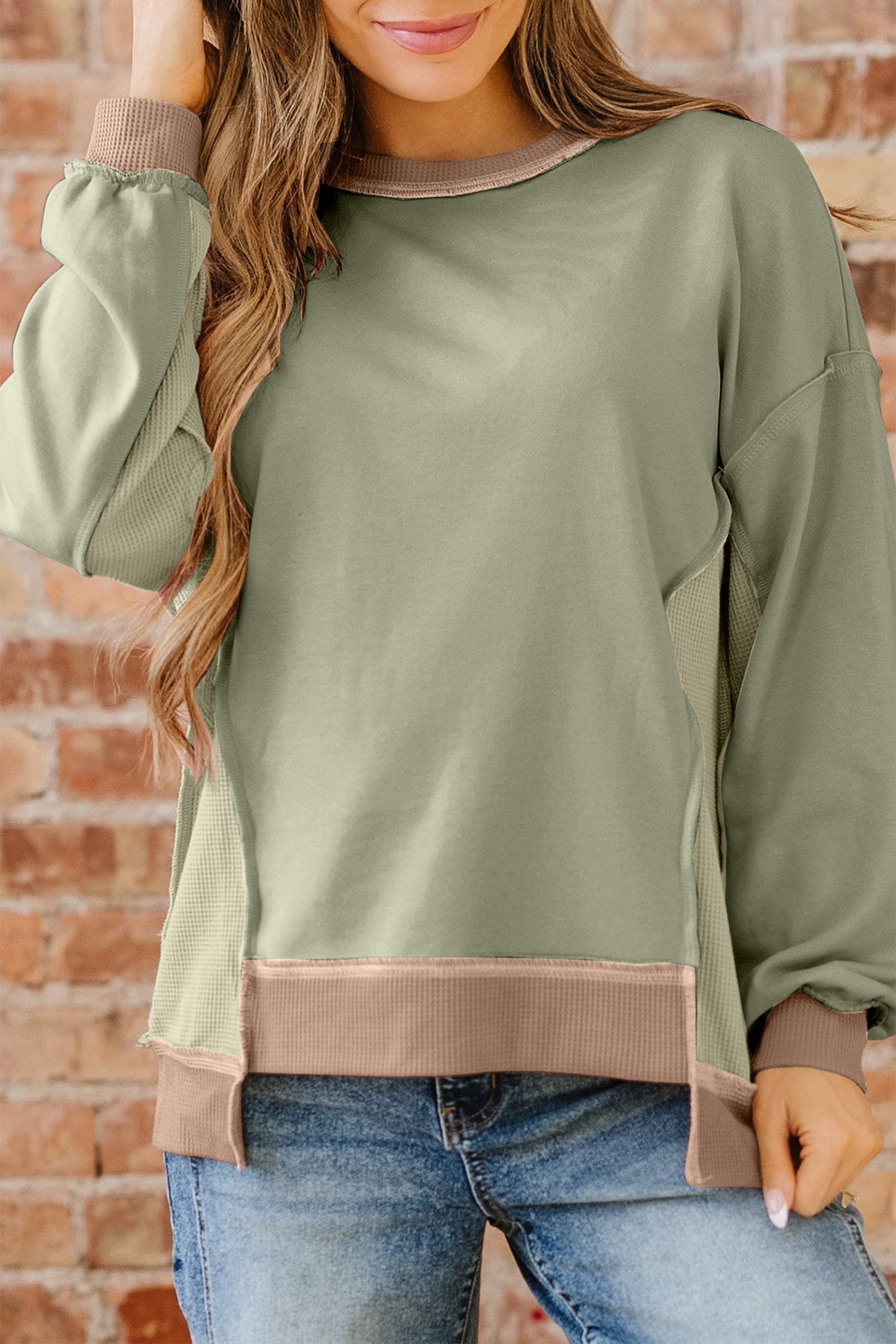 Smoke Green Color Block Mix Texture Waffle Patchwork Oversize Sweatshirt-Tops/Sweatshirts & Hoodies-[Adult]-[Female]-2022 Online Blue Zone Planet