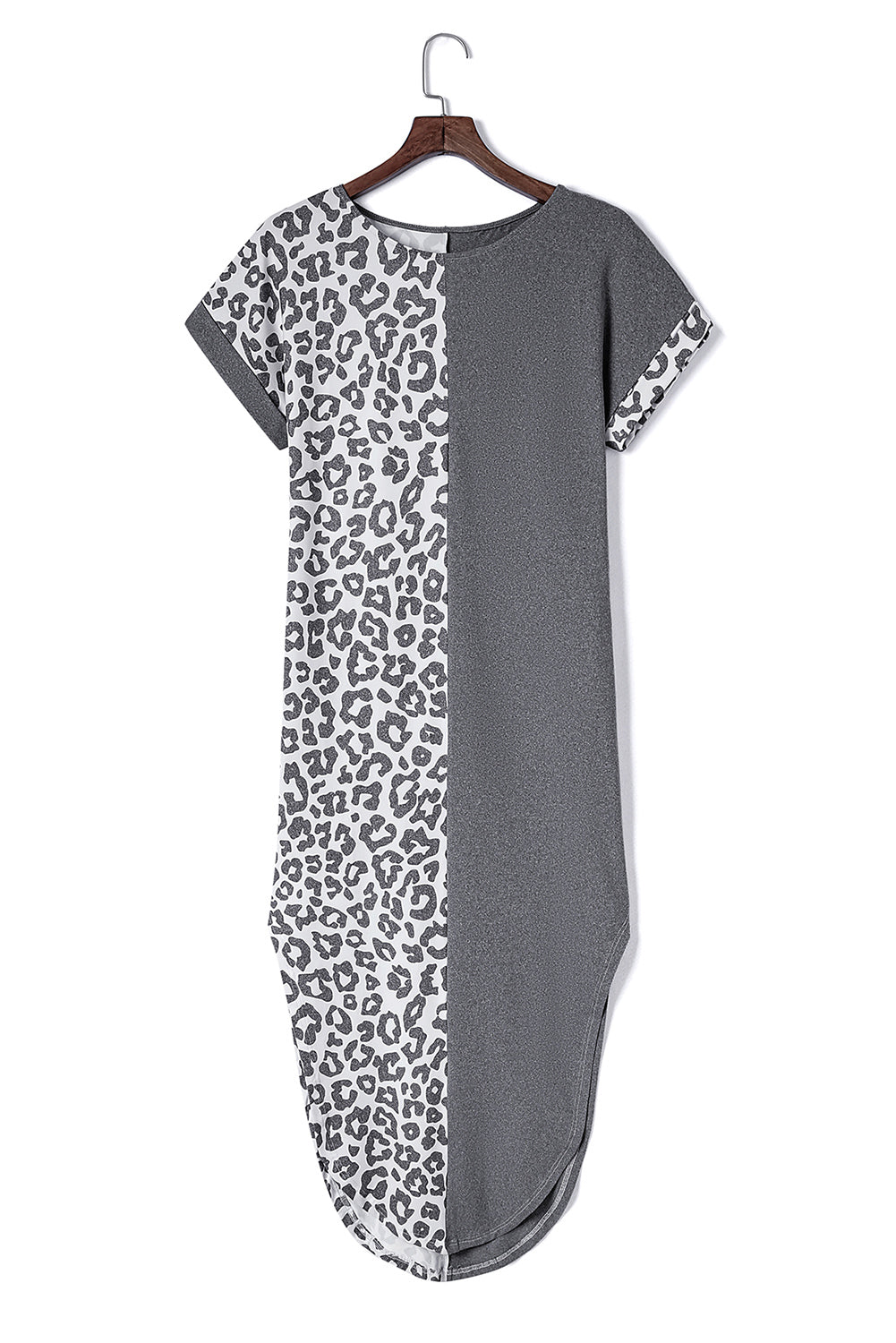 Black Contrast Solid Leopard Short Sleeve T-shirt Dress with Slits Blue Zone Planet