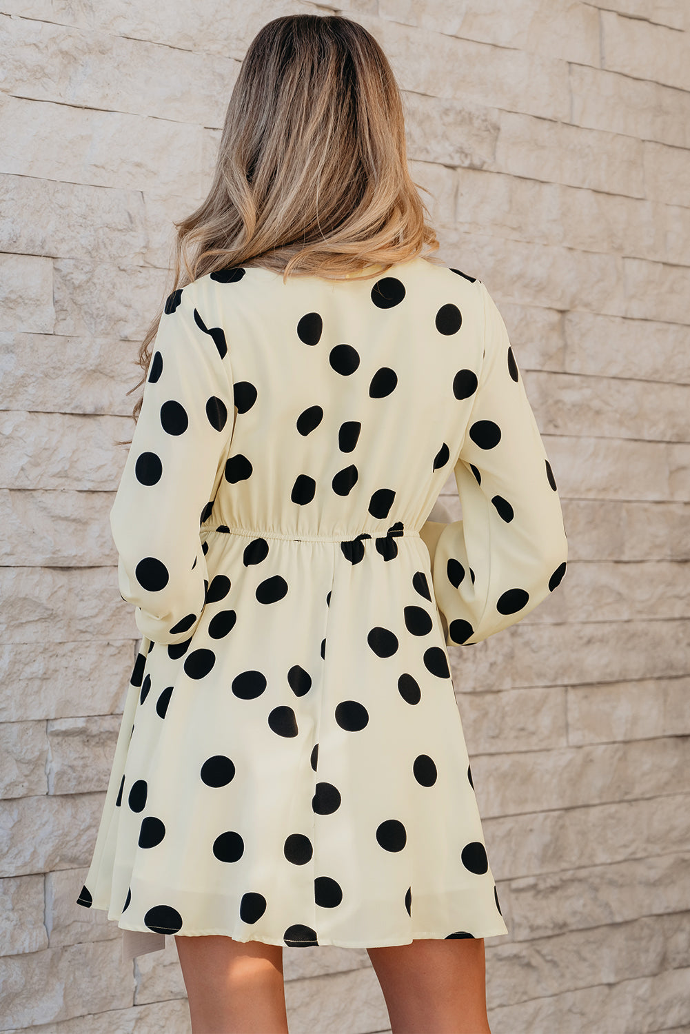 Blue Zone Planet | Beige Polka Dot Printed Surplice V Neck Puff Sleeve Mini Dress-TOPS / DRESSES-[Adult]-[Female]-2022 Online Blue Zone Planet