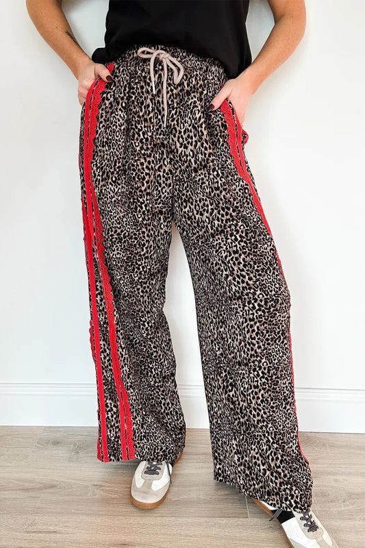 Brown Wild Leopard Print Contrast Lace Striped Detail Drawstring Pants-Bottoms/Pants & Culotte-[Adult]-[Female]-Brown-S-2022 Online Blue Zone Planet