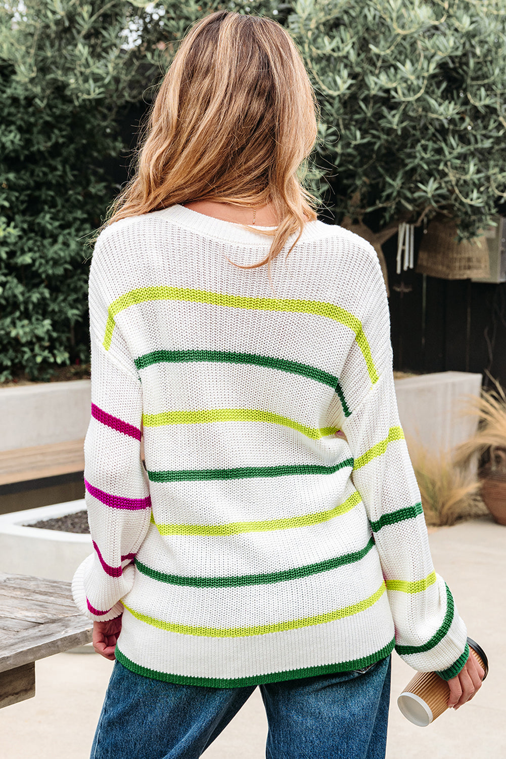 White Colorful Striped Drop Shoulder Crew Neck Sweater-Sweaters & Cardigans/Sweaters-[Adult]-[Female]-2022 Online Blue Zone Planet
