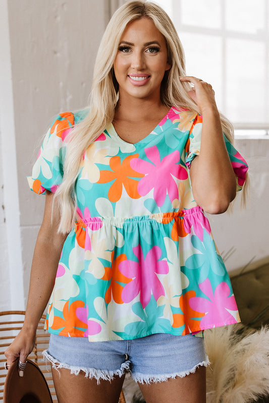 Pink Floral Print Bubble Sleeve V Neck Peplum Blouse-Tops/Blouses & Shirts-[Adult]-[Female]-Pink-S-2022 Online Blue Zone Planet