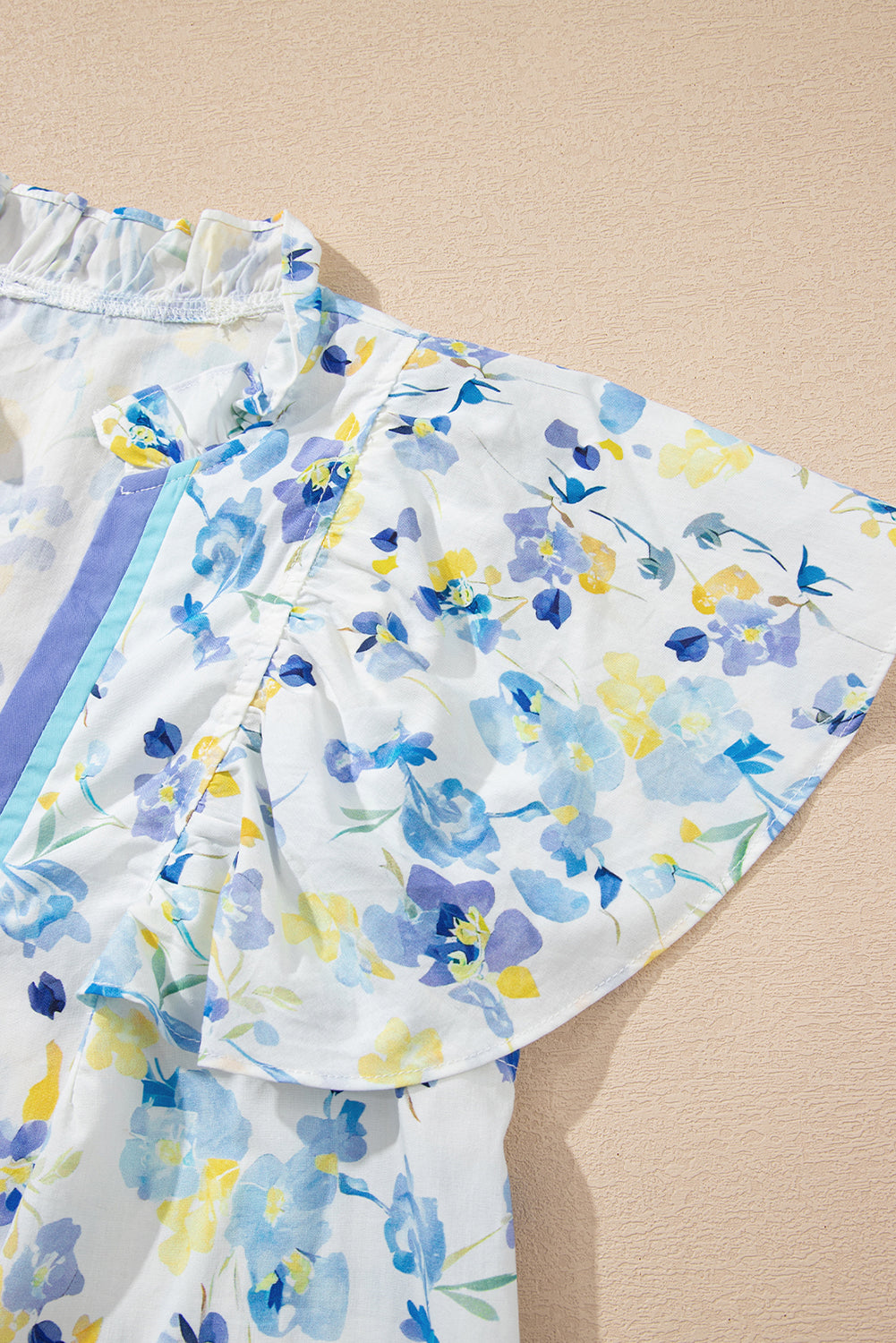 Sky Blue Floral Print Frilled Notched V Neck Blouse-Tops/Blouses & Shirts-[Adult]-[Female]-2022 Online Blue Zone Planet