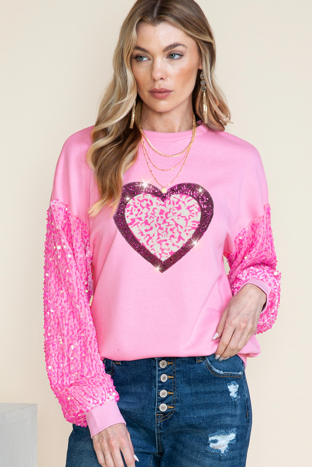 Pink Leopard Heart Graphic Sequin Patchwork Long Sleeve Valentines Top-Graphic Apparel-[Adult]-[Female]-2022 Online Blue Zone Planet