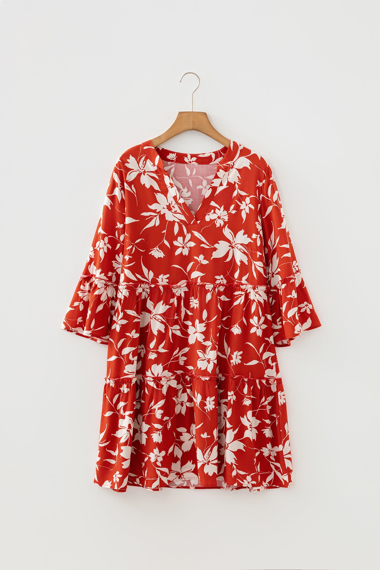 Red Boho Floral Print Lettuce Trim 3/4 Sleeve Mini Dress-TOPS / DRESSES-[Adult]-[Female]-2022 Online Blue Zone Planet