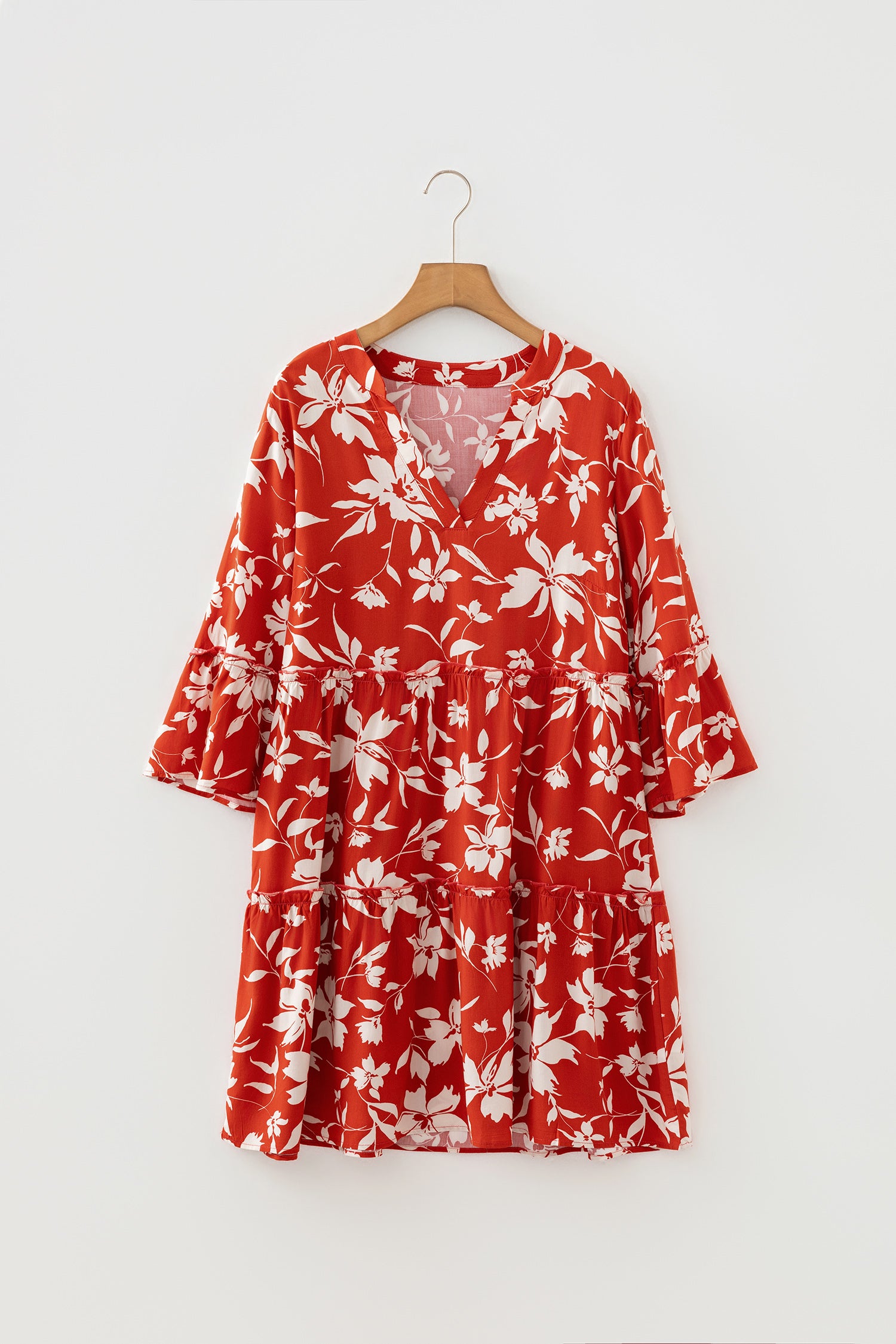 Red Boho Floral Print Lettuce Trim 3/4 Sleeve Mini Dress-TOPS / DRESSES-[Adult]-[Female]-2022 Online Blue Zone Planet