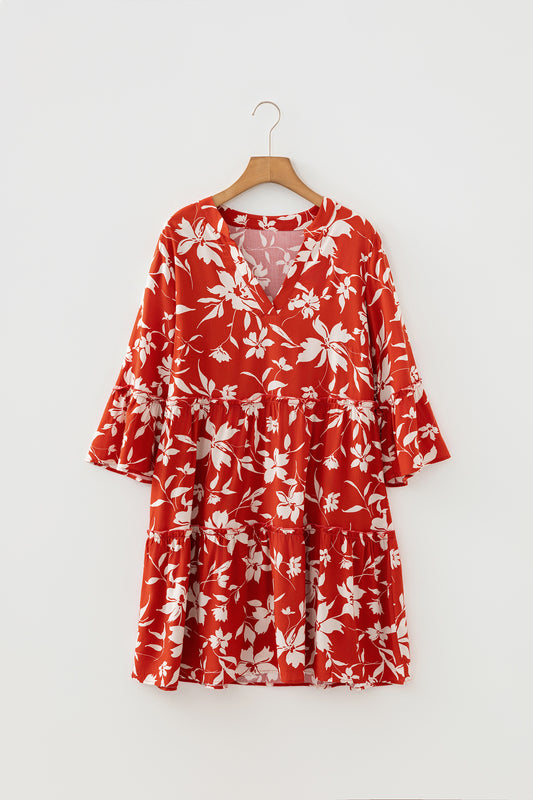 Red Boho Floral Print Lettuce Trim 3/4 Sleeve Mini Dress-TOPS / DRESSES-[Adult]-[Female]-2022 Online Blue Zone Planet