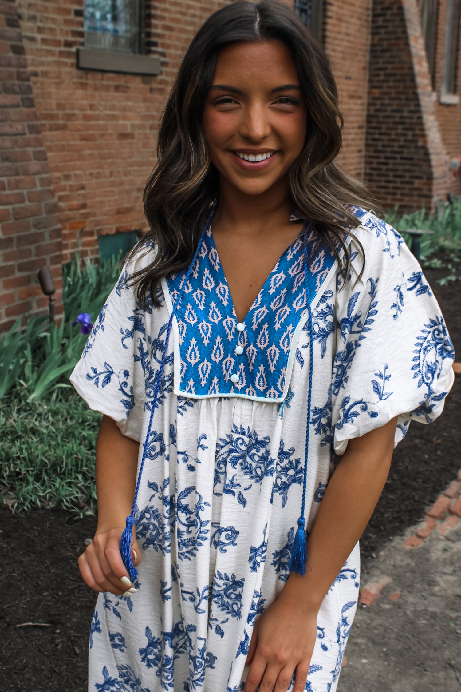 Sky Blue Boho Abstract Print Contrast Trim V Neck Tassel Tie Dress-Dresses/Floral Dresses-[Adult]-[Female]-2022 Online Blue Zone Planet