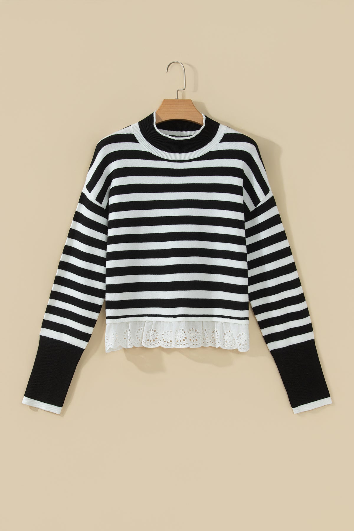 Black Striped High Neck Contrast Ruffle Detail Casual Sweater-Sweaters & Cardigans/Sweaters-[Adult]-[Female]-2022 Online Blue Zone Planet
