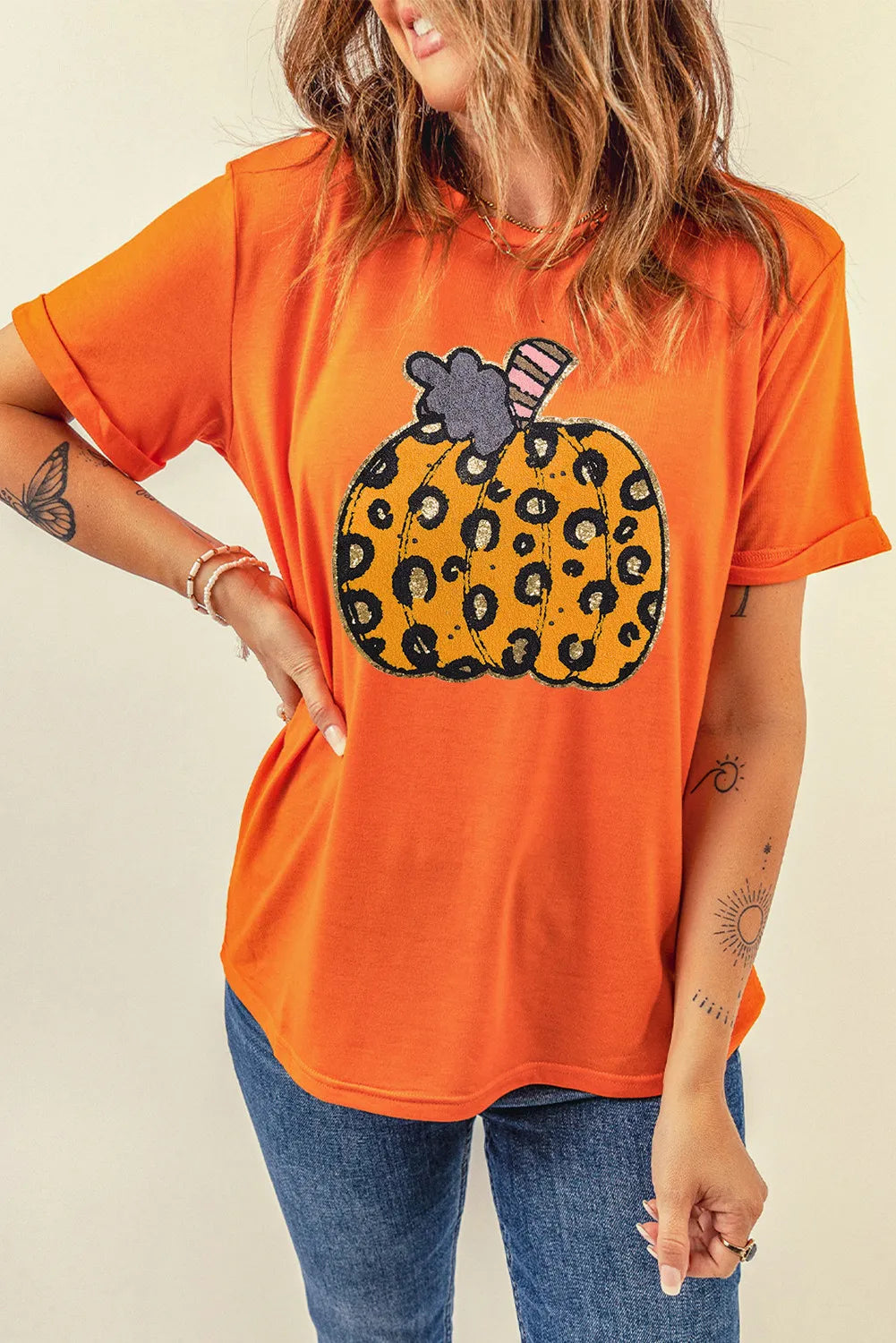 Blue Zone Planet | Pumpkin Round Neck Short Sleeve T-Shirt-TOPS / DRESSES-[Adult]-[Female]-2022 Online Blue Zone Planet