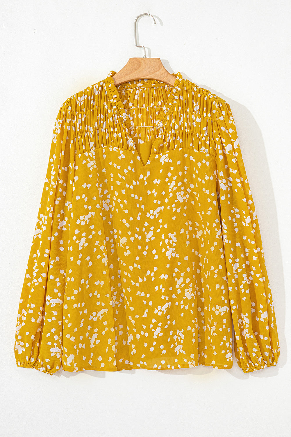 Yellow Plus Size Floral Print Ruched Split Neck Blouse-Sale (50% OFF)/30% OFF-[Adult]-[Female]-2022 Online Blue Zone Planet