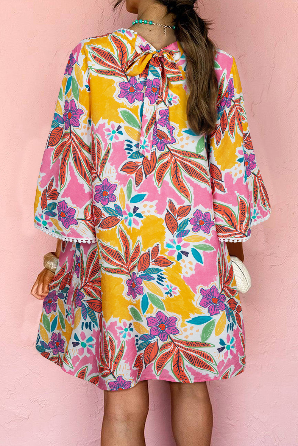 Pink Floral Print Lace Trimmed Tie Back Bell Sleeve Swing Mini Dress