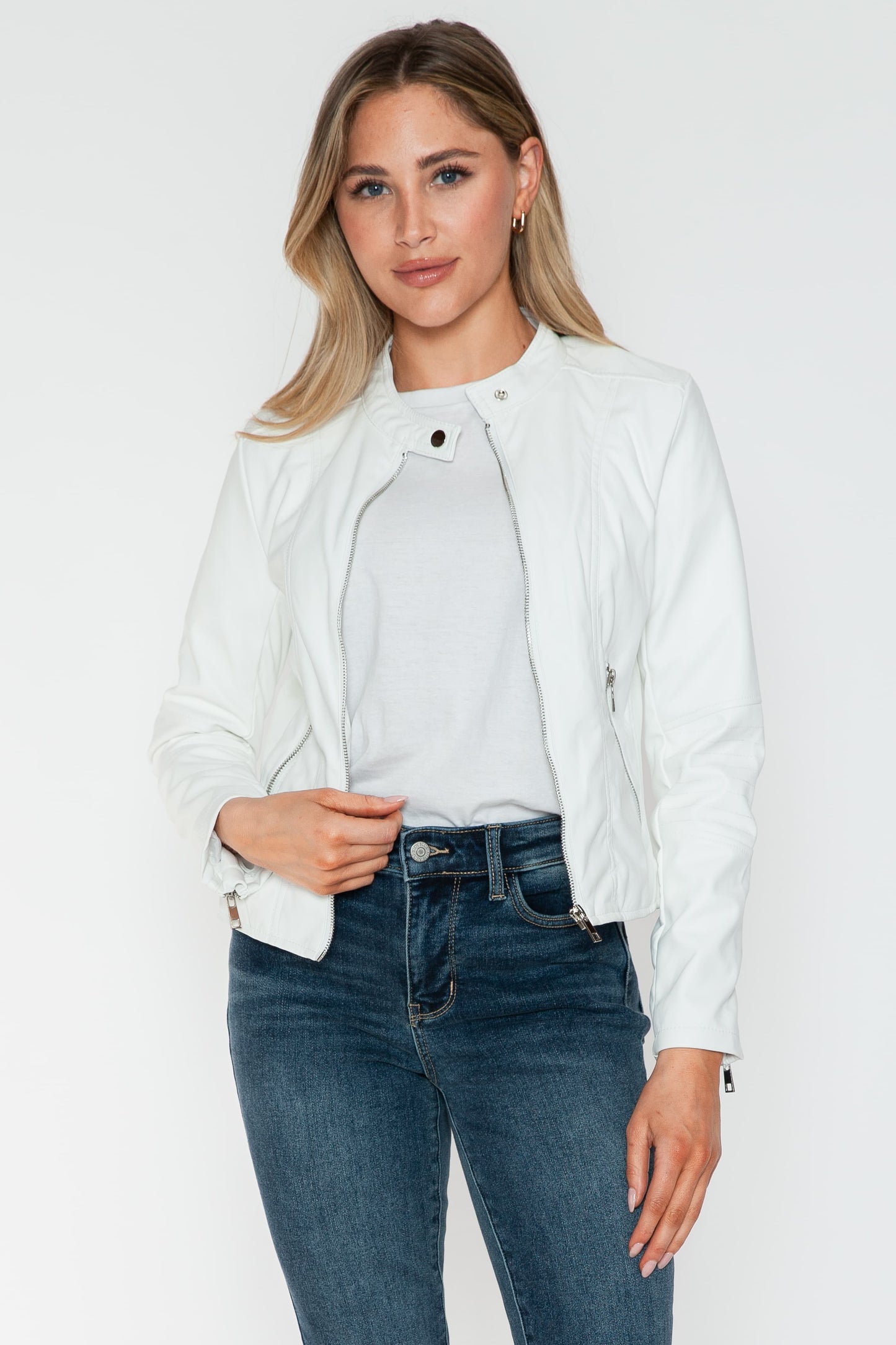 Blue Zone Planet | Snobbish PU Leather Zip Up Jacket with Pockets-TOPS / DRESSES-[Adult]-[Female]-White-S-2022 Online Blue Zone Planet