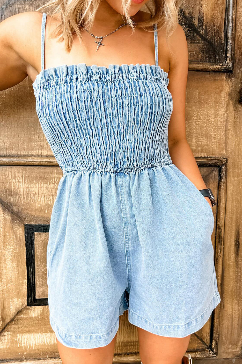 Beau Blue Spaghetti Strap Smocked Denim Romper-Bottoms/Jumpsuits & Rompers-[Adult]-[Female]-Beau Blue-S-2022 Online Blue Zone Planet