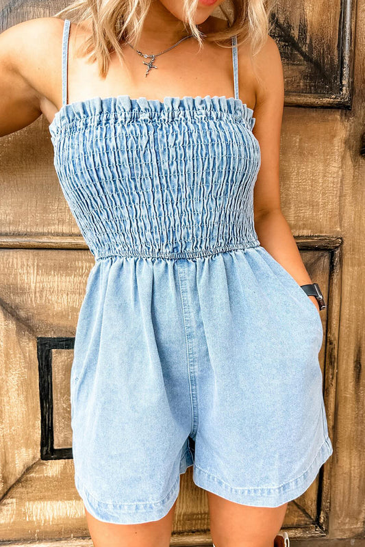 Beau Blue Spaghetti Strap Smocked Denim Romper-Bottoms/Jumpsuits & Rompers-[Adult]-[Female]-Beau Blue-S-2022 Online Blue Zone Planet