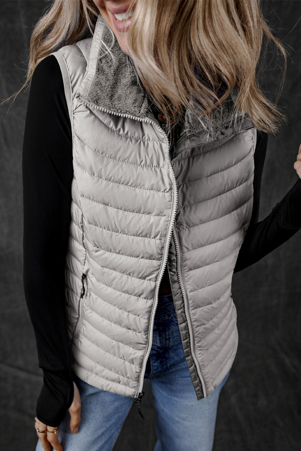 Blue Zone Planet | Silvery Plush Collared Quilted Zipped Puffer Vest-Outerwear/Vests-[Adult]-[Female]-Silvery-S-2022 Online Blue Zone Planet