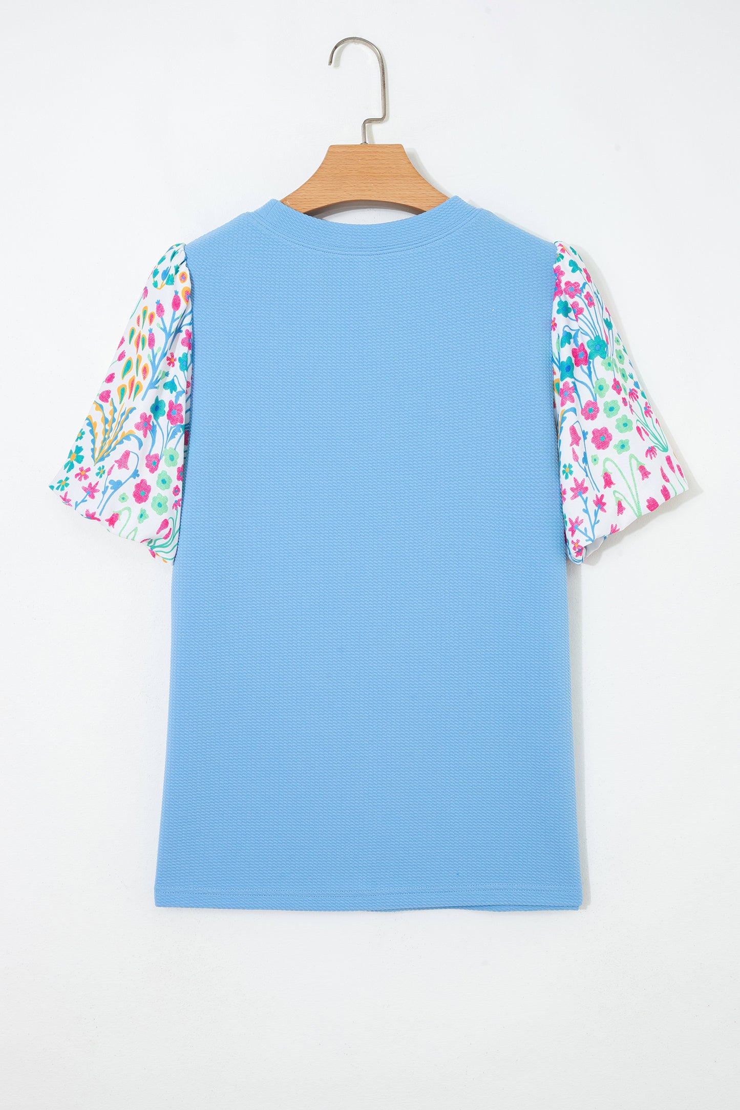 Light Blue Round Neck Textured Contrast Floral Bubble Sleeve Blouse-Tops/Blouses & Shirts-[Adult]-[Female]-2022 Online Blue Zone Planet