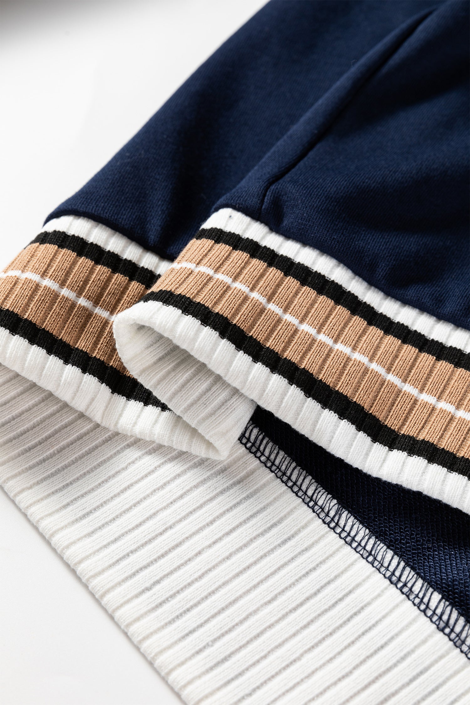 Navy Blue Varsity Contrast Striped Trim V Neck Sweatshirt-Tops/Sweatshirts & Hoodies-[Adult]-[Female]-2022 Online Blue Zone Planet