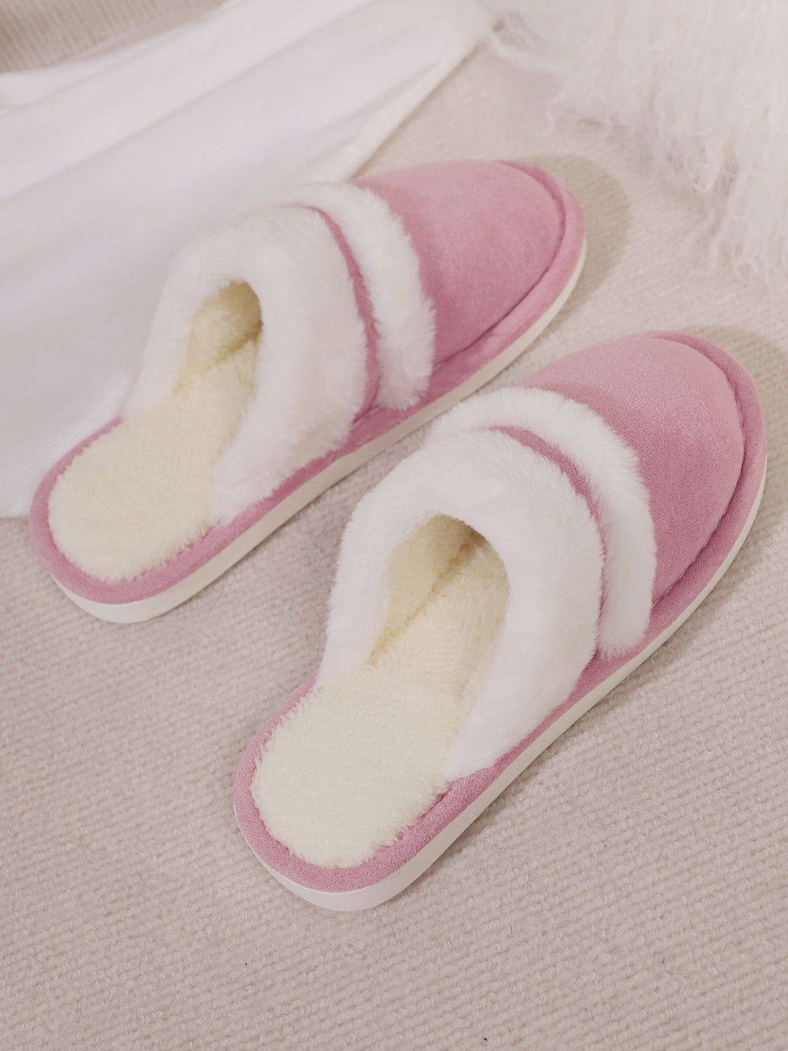 Contrast Faux Fur Round Toe Slippers-SHOES-[Adult]-[Female]-2022 Online Blue Zone Planet