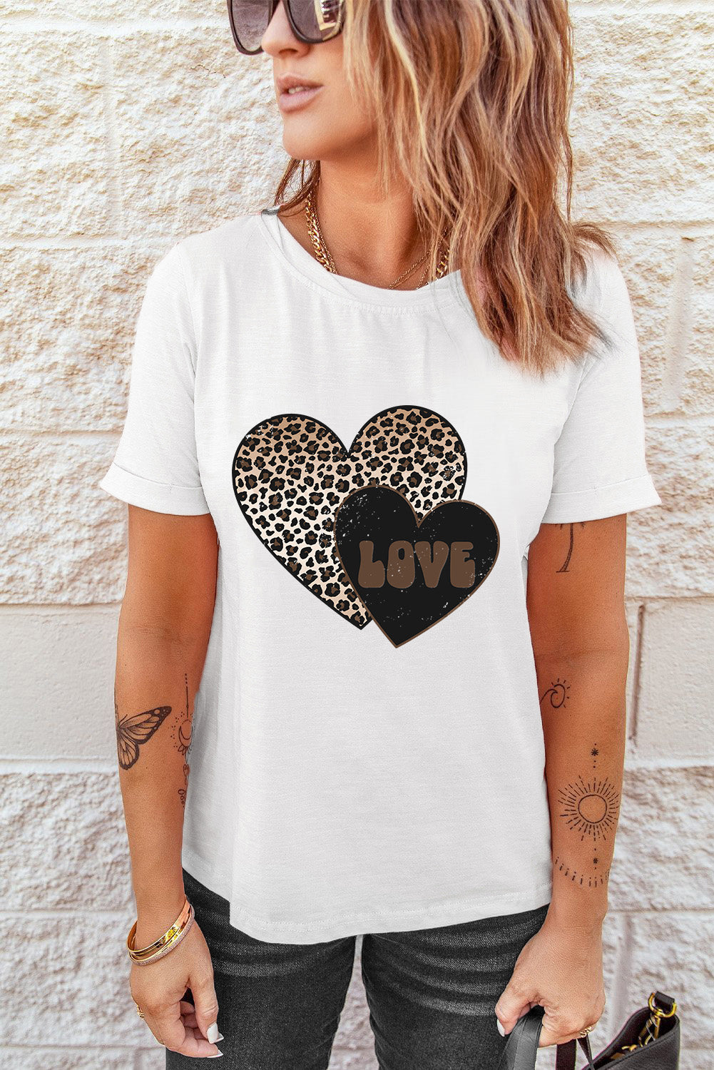 White Leopard Love Double Heart Printed Valentines Graphic Tee-Graphic/Graphic Tees-[Adult]-[Female]-2022 Online Blue Zone Planet