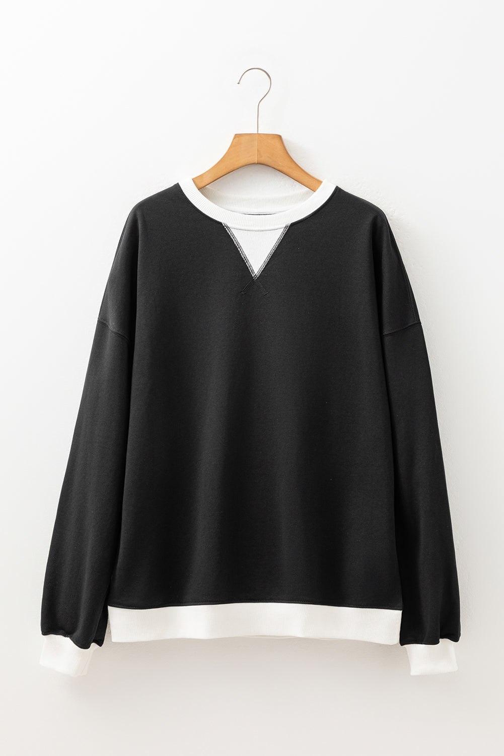 Black Contrast Ribbed Color Block Patchwork Baggy Sweatshirt-Tops/Sweatshirts & Hoodies-[Adult]-[Female]-2022 Online Blue Zone Planet